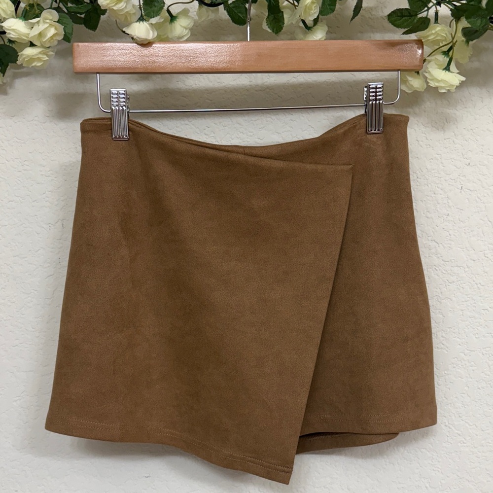 French Kiss • Soft Suede Inspired Asymmetrical Wrap Skort in Warm Neutral Cognac